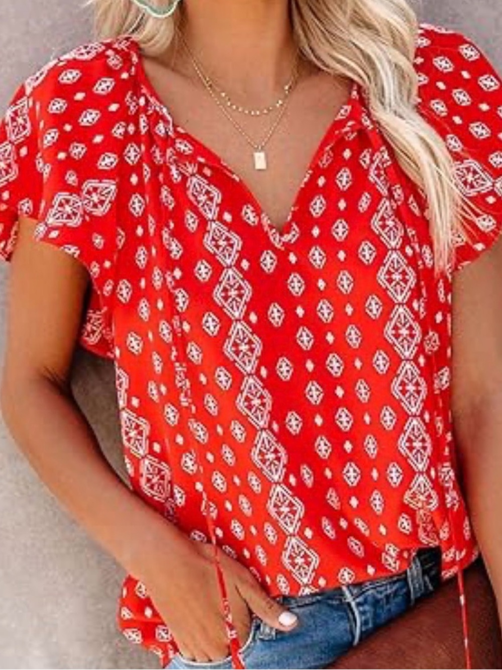 SIMPLE FUN size MEDIUM Red Geometric V-Neck Flutter Sleeve Top